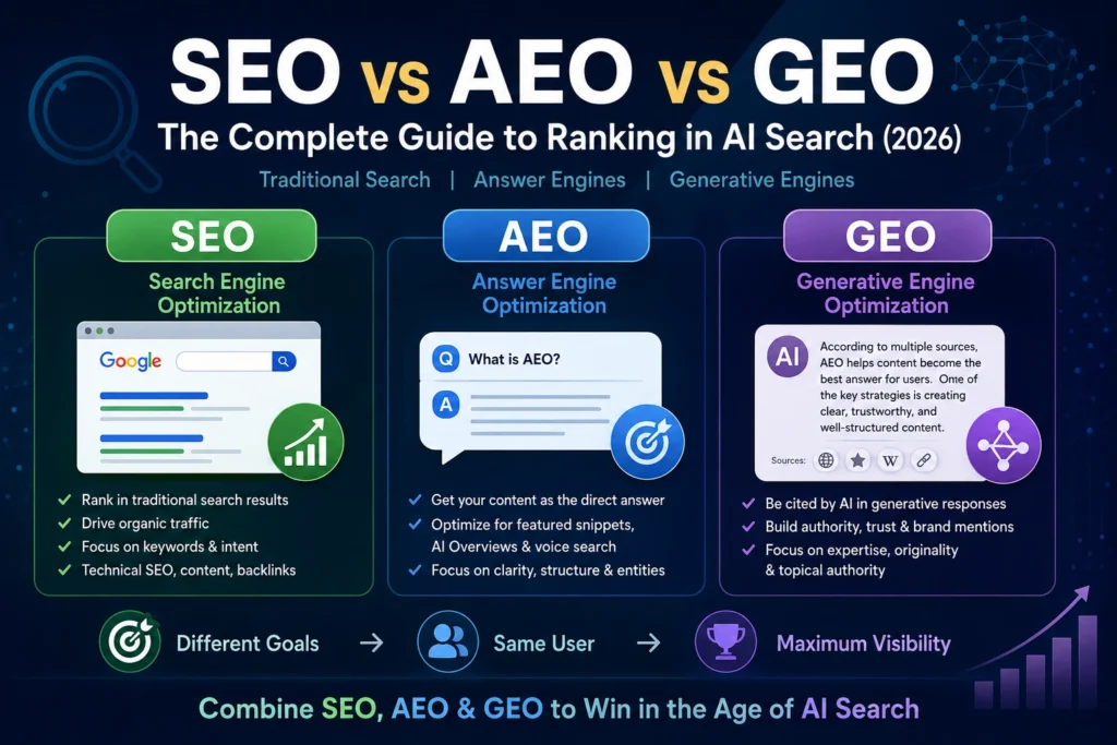 "SEO vs AEO vs GEO"